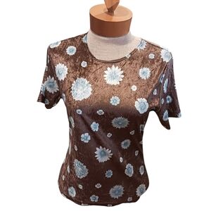 Vintage Priority Womens Blouse Floral Brown Baby Blue Short Sleeve NWT XS/S/M